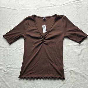 Old Navy Brown Ruched V-Neck Short Sleeve Top